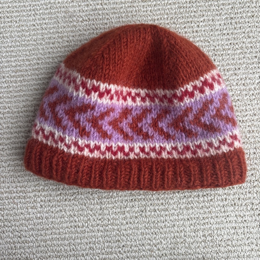 Rust Red Fair Isle Knit Beanie with Pink and Cream Accents